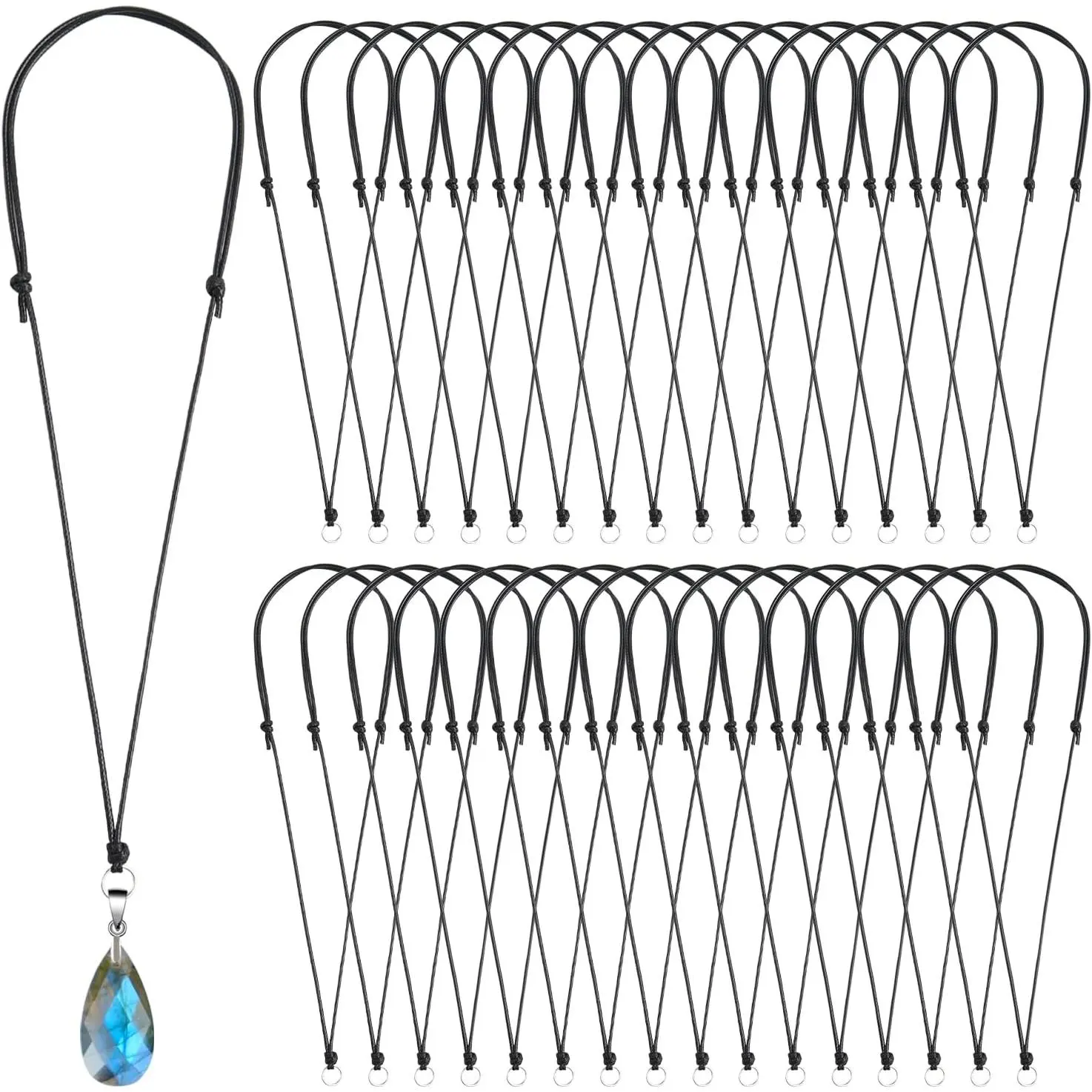 32-Count Adjustable Necklace Cord for Pendants - Synthetic Knotted Choker with Metal Ring, 14.17-27.5 Inches Adjustable Rope Chain Length for DIY Jewelry Making, Christmas & Father's Day Gifts (Black)