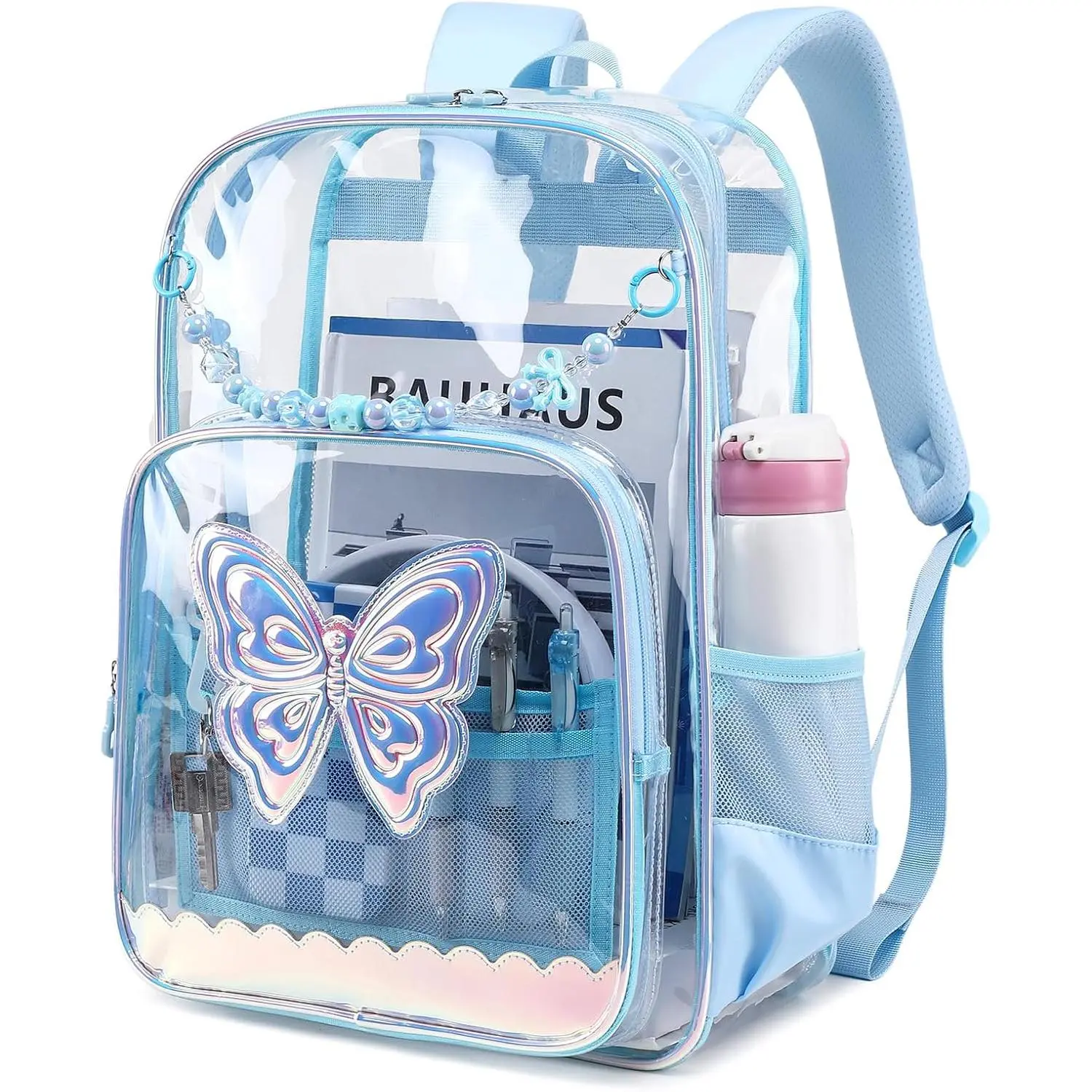 MUSEVOS Clear Backpack for School, Clear Bookbag for Girls PVC Heavy Duty Transparent Backpack, Blue Butterfly
