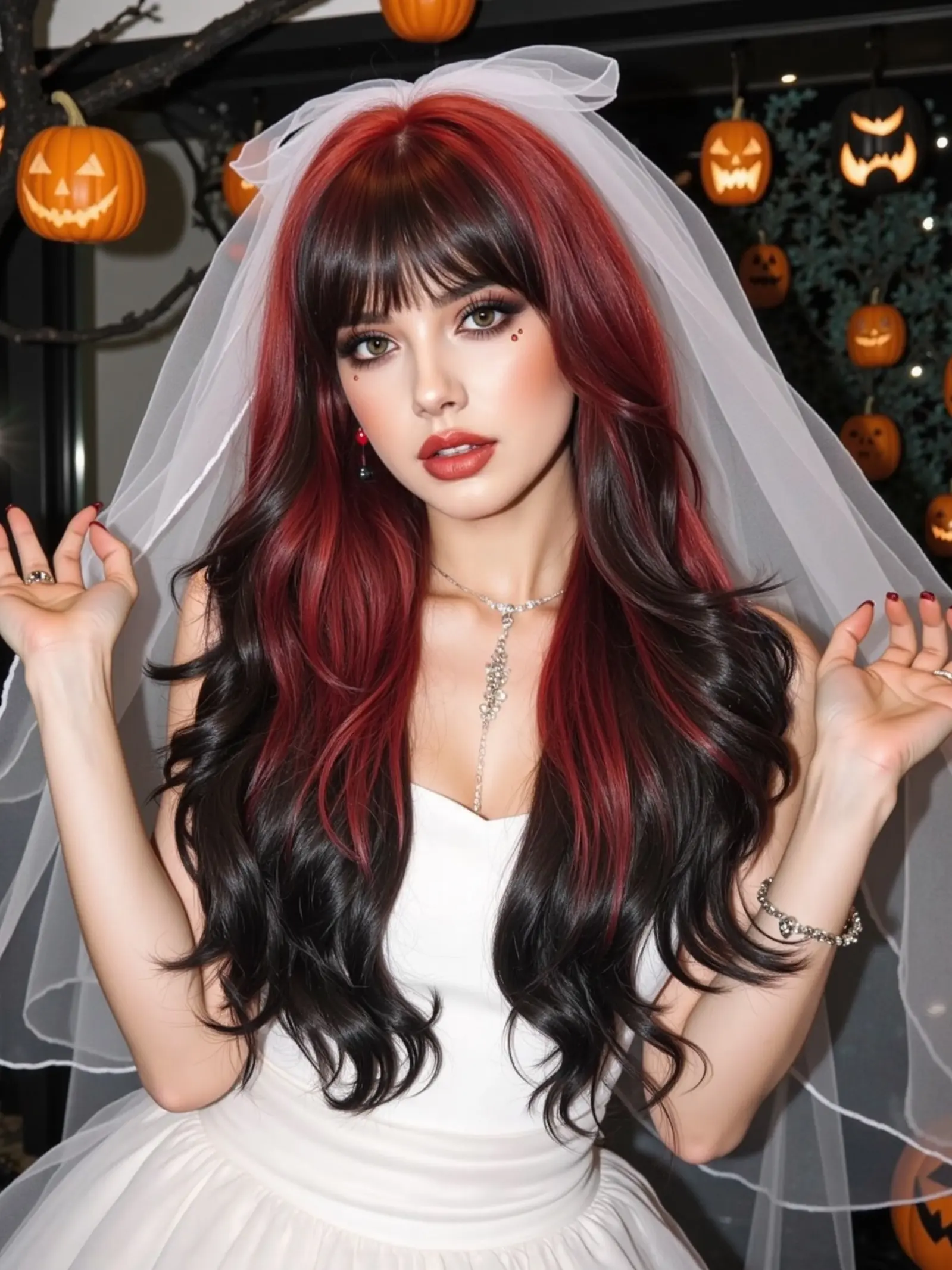 Long Red Black Ombre Wave Synthetic Curly Wigs with Bangs for Women Daily Cosplay Halloween Costume Hair Christmas Wig Heat Resistant