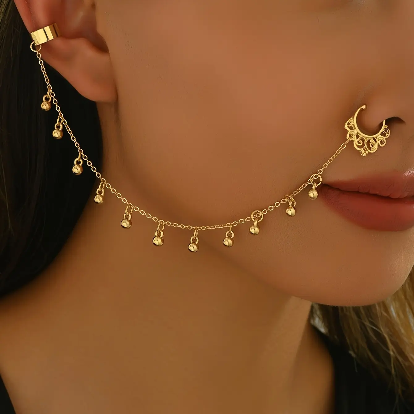 [Indian Nose Chain] Women's Indian Nose Chain & Facial Jewelry - Traditional Nose Piercing Accessory for Daily Wear, Weddings, Festivals - Summer Face Chain