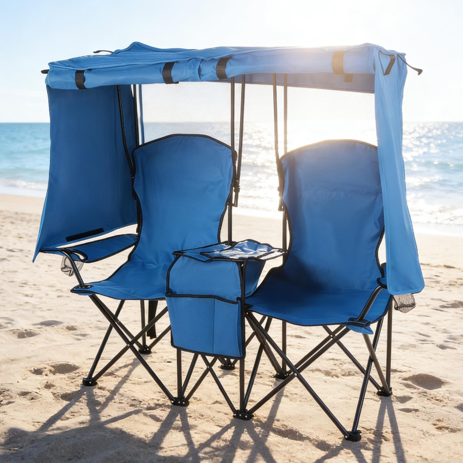 Folding Camping Two-Person Seat with Shade Canopy Portable Double Camping Chair with Cup Holder Cooler Bag Protection for Beach Fishing Camp Sports Event NEW