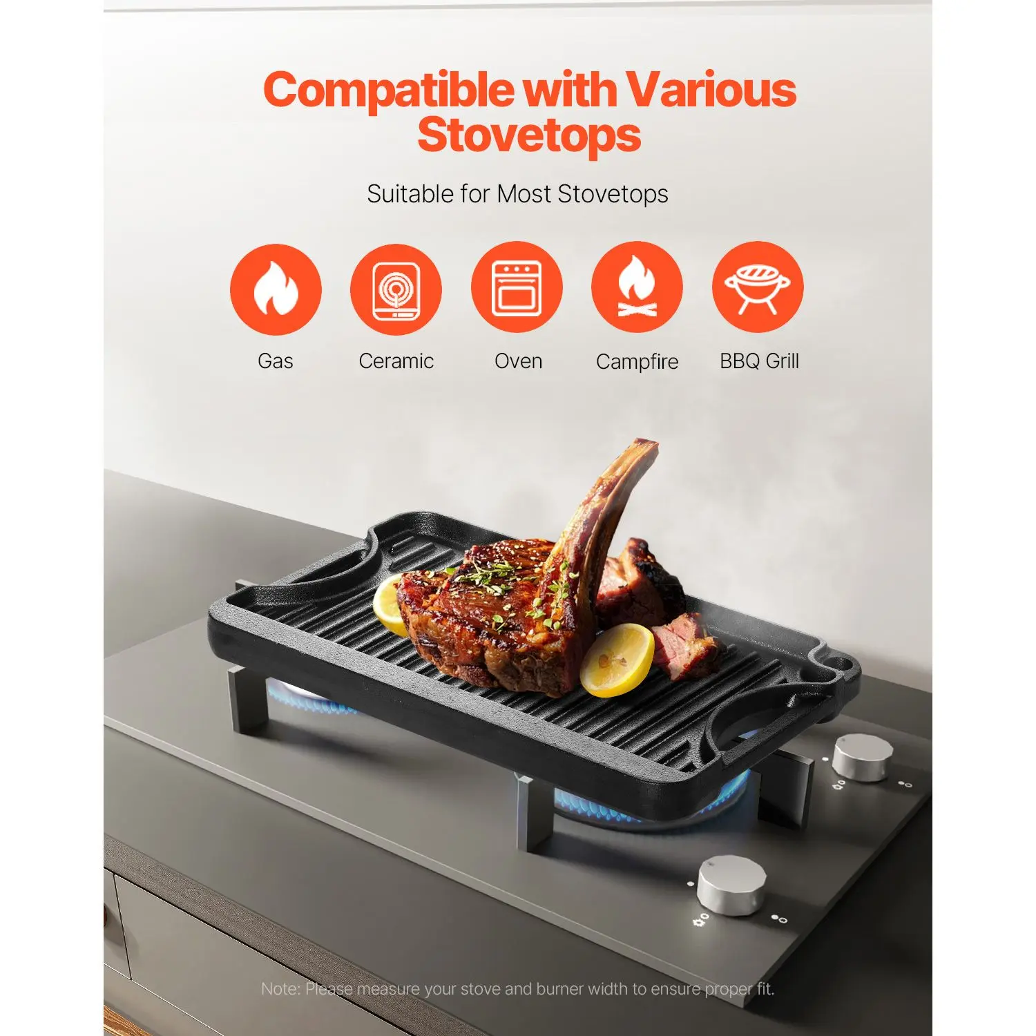 Reversible Grill/Griddle, 14x8.5 inch Pre-Seasoned Cast Iron Griddle, Portable Rectangular Pan with Handle, Family Cookware for Indoor/Outdoor Stove Top Burner, Gas, Camping BBQ, Black