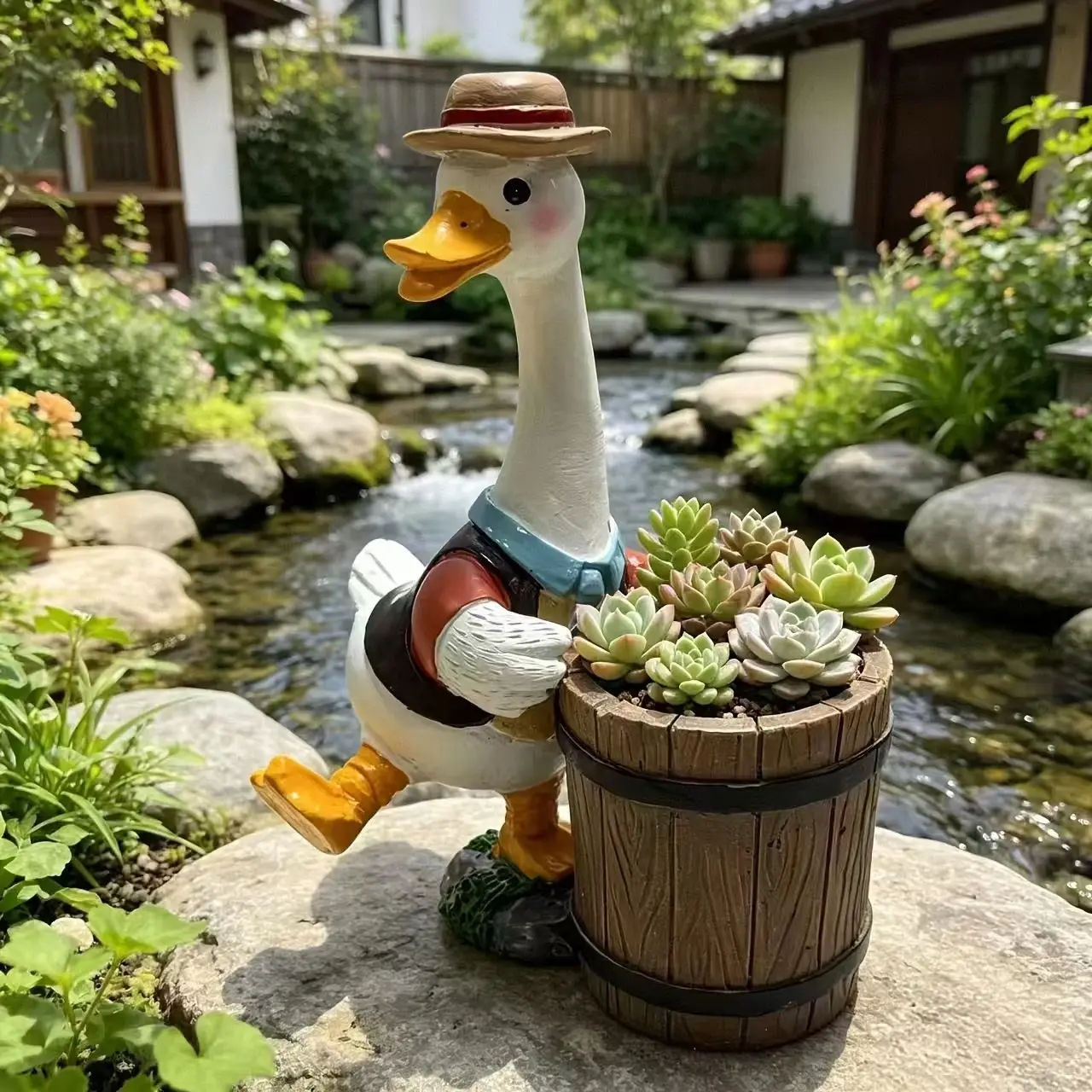 Rustic Style Duck Resin Craft, Wooden Bucket Design, Office Desk Decor, Plant Pot, Fun Cartoon Ornament, Multi-Functional Storage