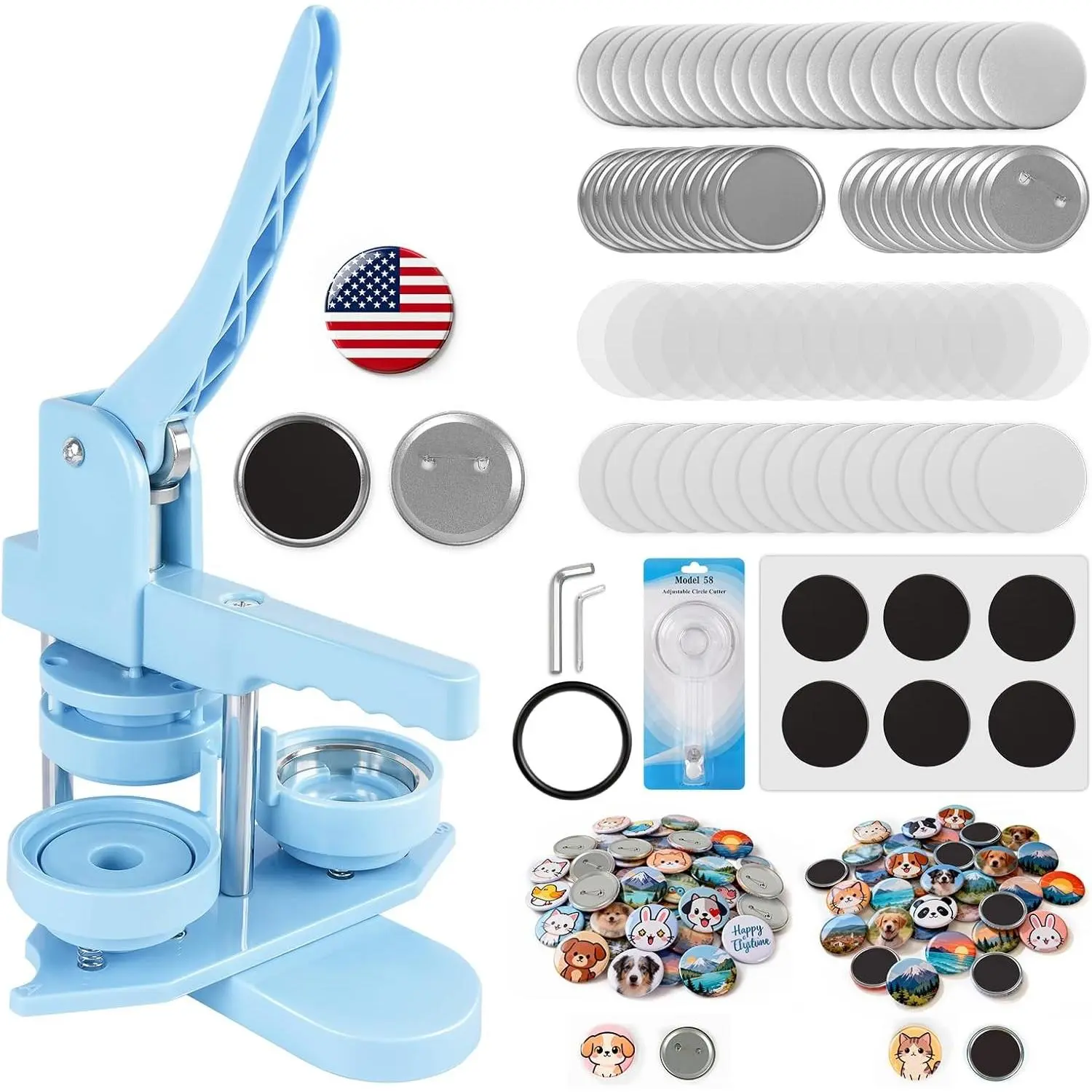 Button Maker Machine 58mm/2.25in, 2-in-1 Button Maker & Magnet Maker Machine for Making Badges and Fridge Magnets, DIY Pin Maker Machine Kit with 50 Badge Parts & 50 Magnet Making Supplies