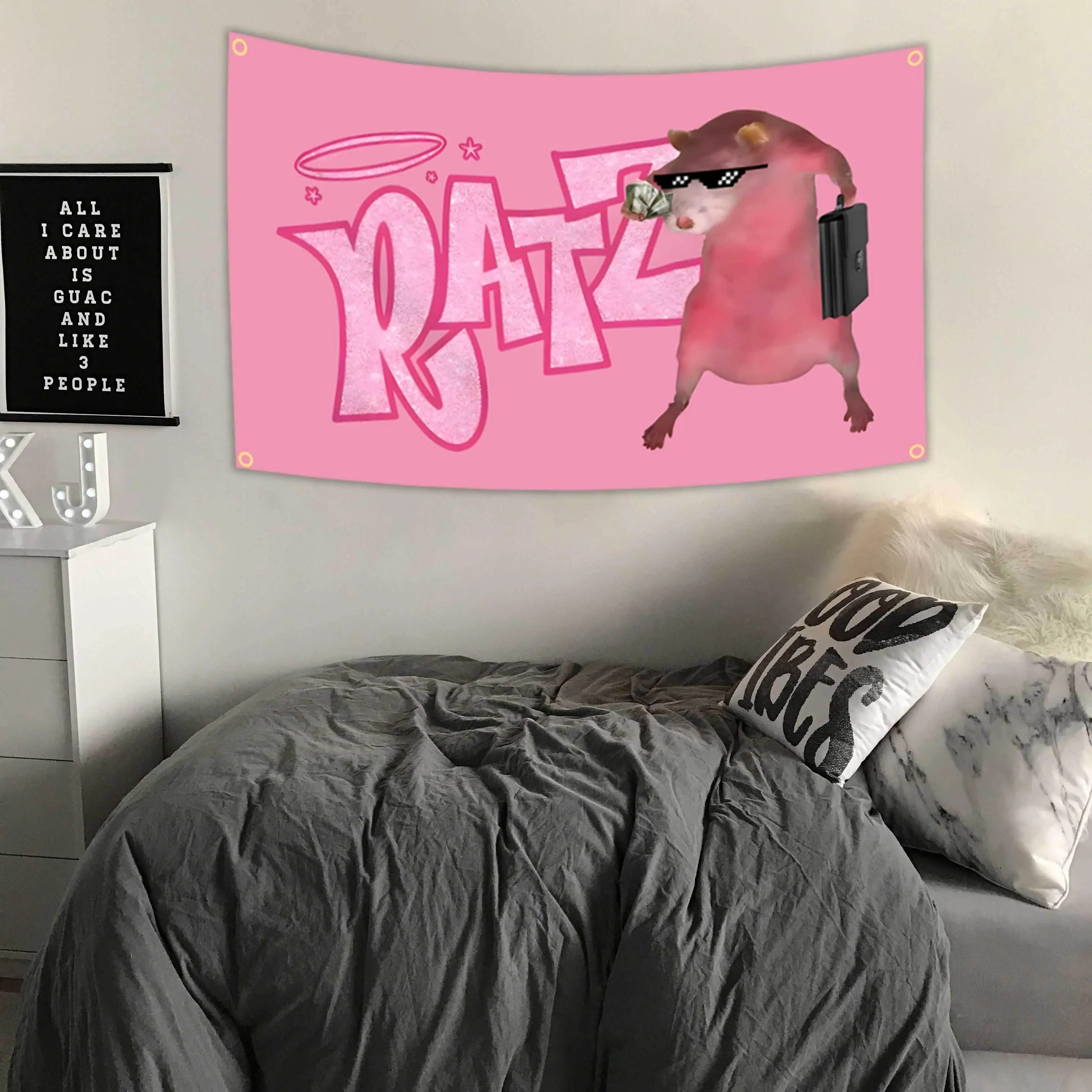 Pink Ratzs Mouse Funny Tapestry Flag for Indoor Decoration, Home Decor, College Dorm Decor, Bedroom Decor, Living Room Decor