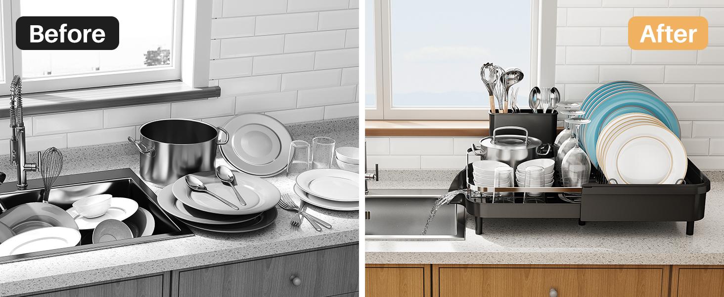 Dish Drying Rack, Expandable Dish Rack for Kitchen Counter, Stainless Steel Dish Drainer with Drainboard Set and Utensil Holder (Black)