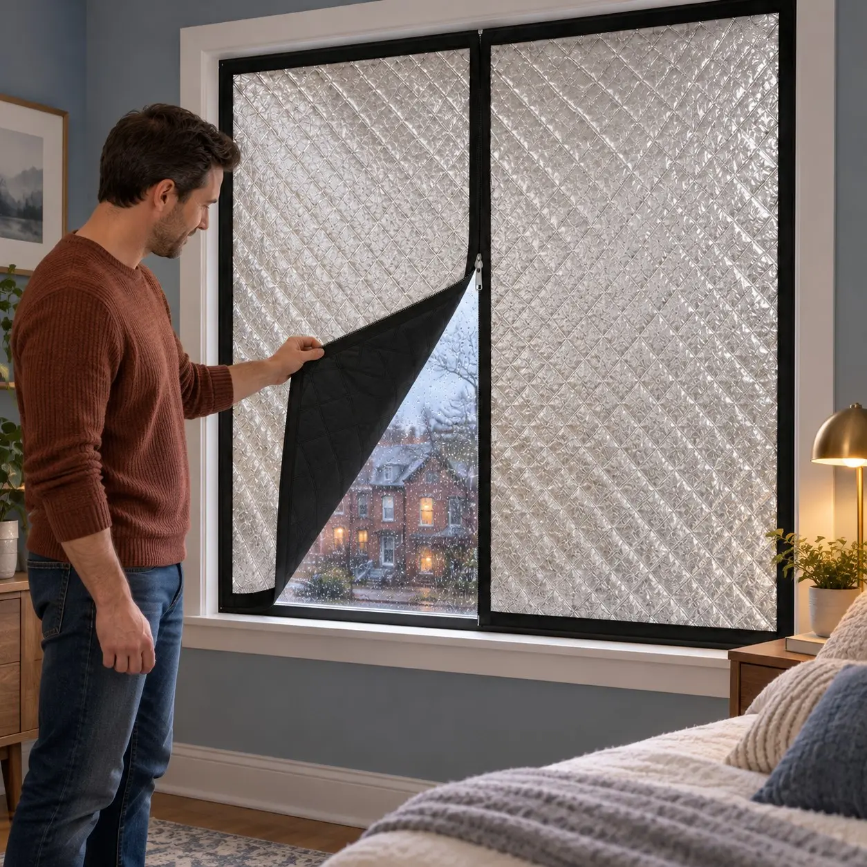 Winter Zipper Windproof Insulated Curtain, Central Zipper Opening, No Drilling Magic Tape Installation, Silver Color Diamond Thermal Window Cover, for Bedroom and Living Room