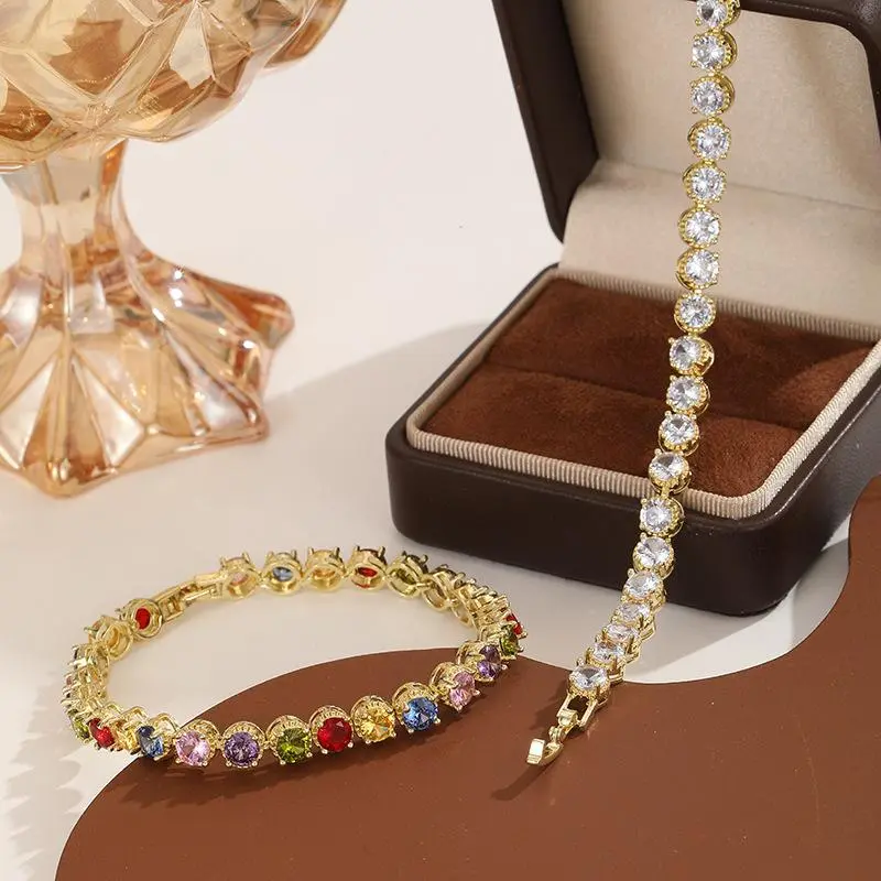 Rainbow Cubic Zirconia Tennis Bracelet for Women, Gold Plated Stacking Jewelry with an Iced-Out Look, Tarnish-Free for Everyday Wear, Crystal Accents, Hand Chain Bracelet