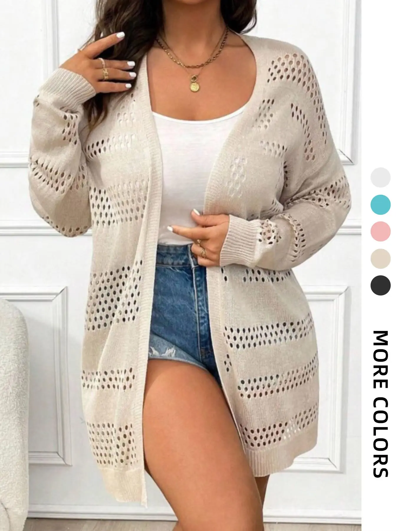 Plus Size Knit Cardigan Sweaters with Polka Dot Pattern, Off-Shoulder Design, Casual Knitwear, Ideal for Fall & Winter, Women's Loose-Fitting Knitted Outerwear