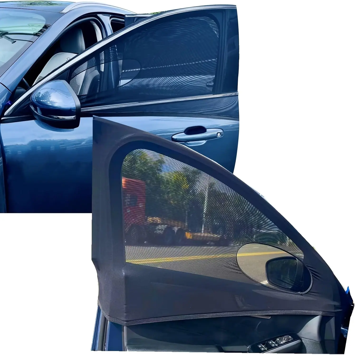 1 pair of car window screen, suitable for both front and rear Windows, made of elastic knitted fabric, can block sunlight, mosquitoes and foreign objects. It is suitable for camping and daily life, easy to install, portable and durable