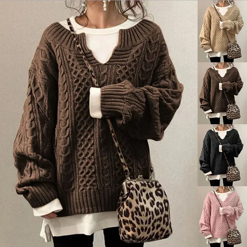 New women's sweater with knitted cable pattern, casual knitwear