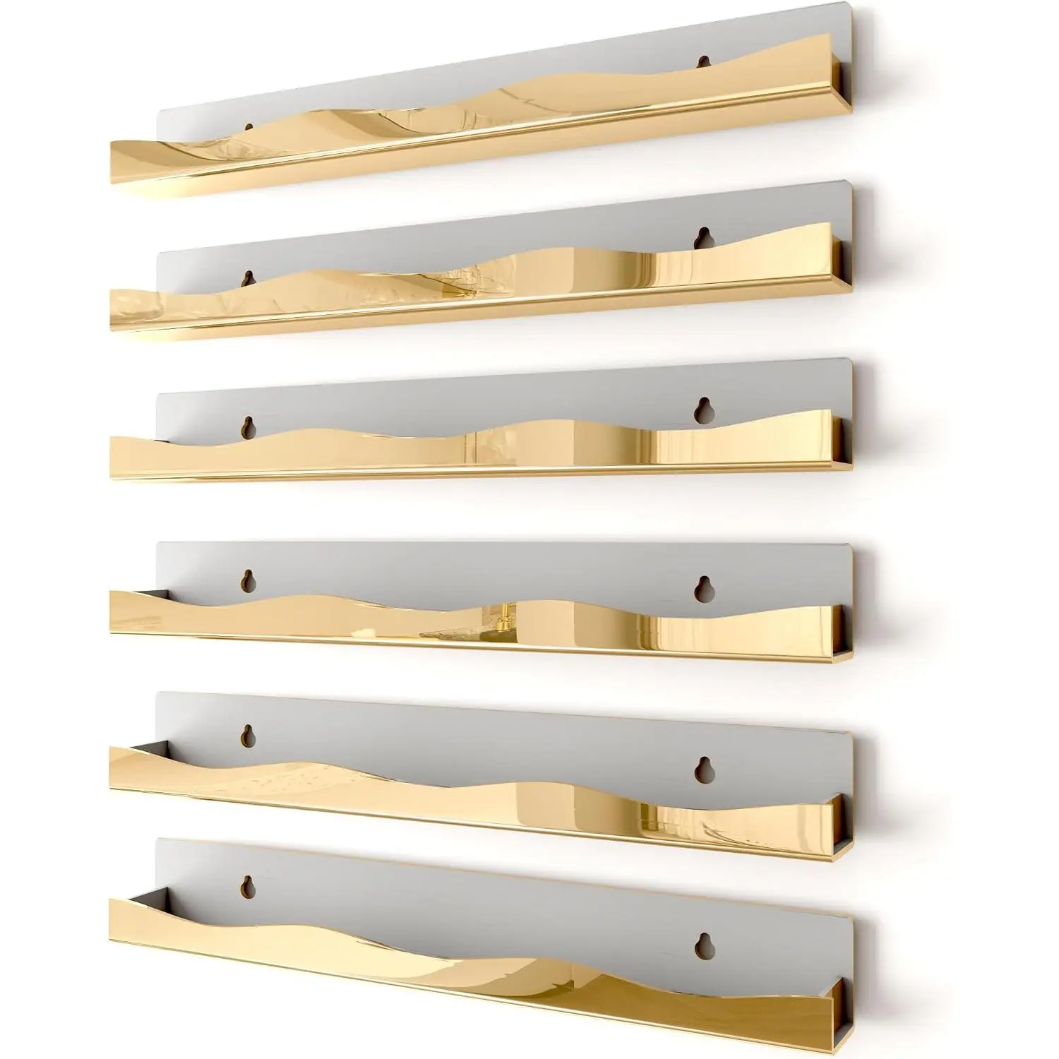 Wall-Mounted Nail Polish Organizer Rack - 15-Inch Gold Mirror Finish Nail Polish Shelf, Makeup & Beauty Essentials Storage - Multi-Purpose Display Holder for Small Space, Vanity Bathroom, 6 Pack