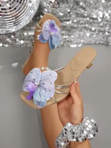 Orchid Floral Low Heel Slide Sandals for Women, 3D Flower Decor, Tropical Orchid, Summer Beach, Party Dress Sandals