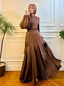 2026 New Arrival Women's Satin Solid Color Ruffle Maxi Dress, Elegant Tie-Back Chiffon Long Skirt, Fashionable Ladies' Evening Gown