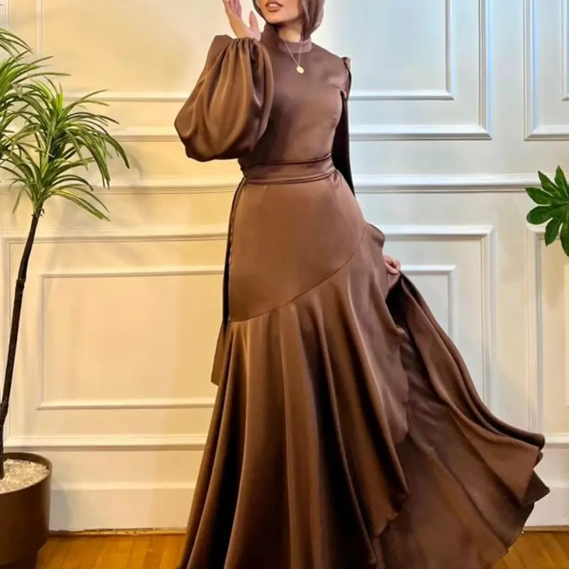 2026 New Arrival Women's Satin Long Sleeve Solid Color Ruffle Maxi Dress, Elegant Tie Long Dress, Chic Ladies' Formal Evening Gown, Flared Formal Dress, Wedding Guest Wear