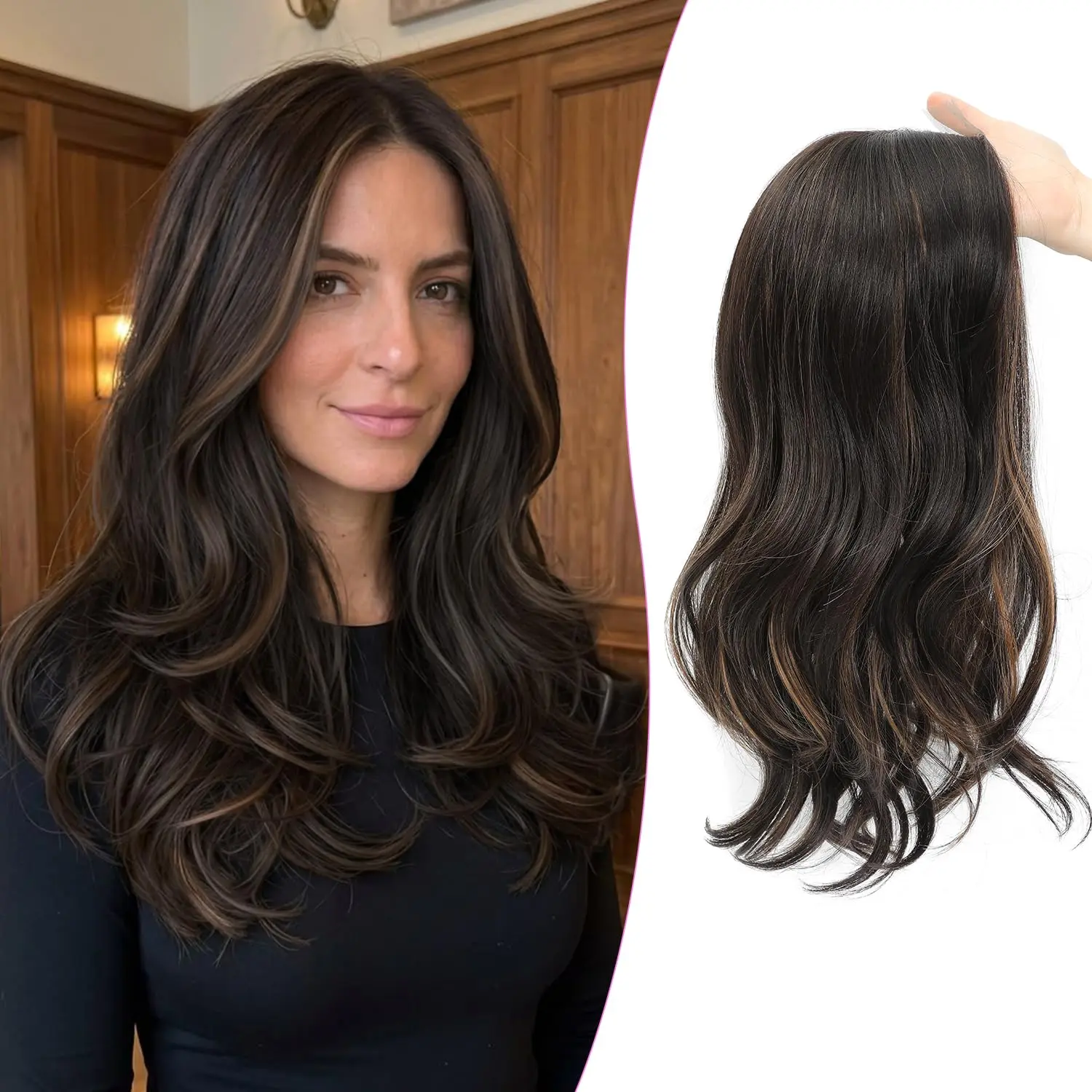 Loose Wavy Hair Topper Clip in Hair Toppers for Women, Lightweight Seamless Coverage with Natural Scalp Look, Adds Volume for Daily Wear - Dark Brown with Highlights, 18 Inch