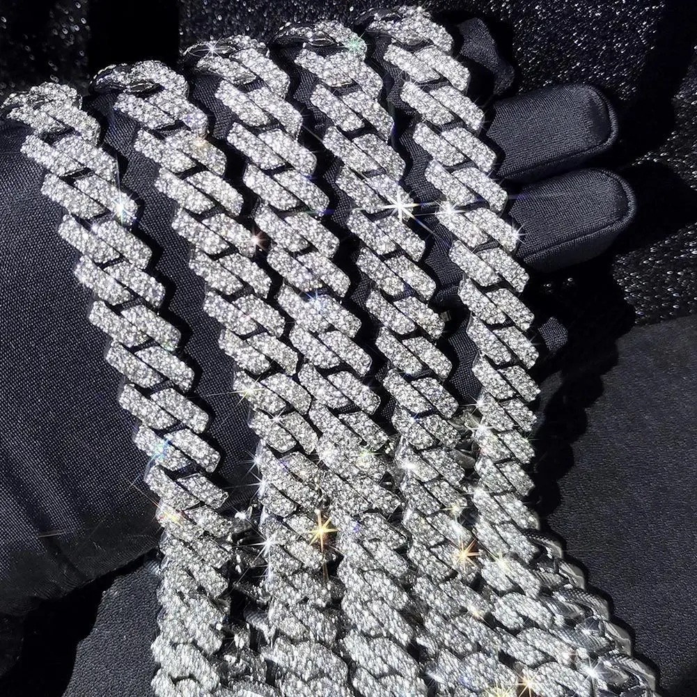 14mm Iced Out  Prong Cuban Link Chain Necklace for Men Women 2 Row Rhinestone Paved Miami Rhombus Hip Hop Jewelry Wholesale