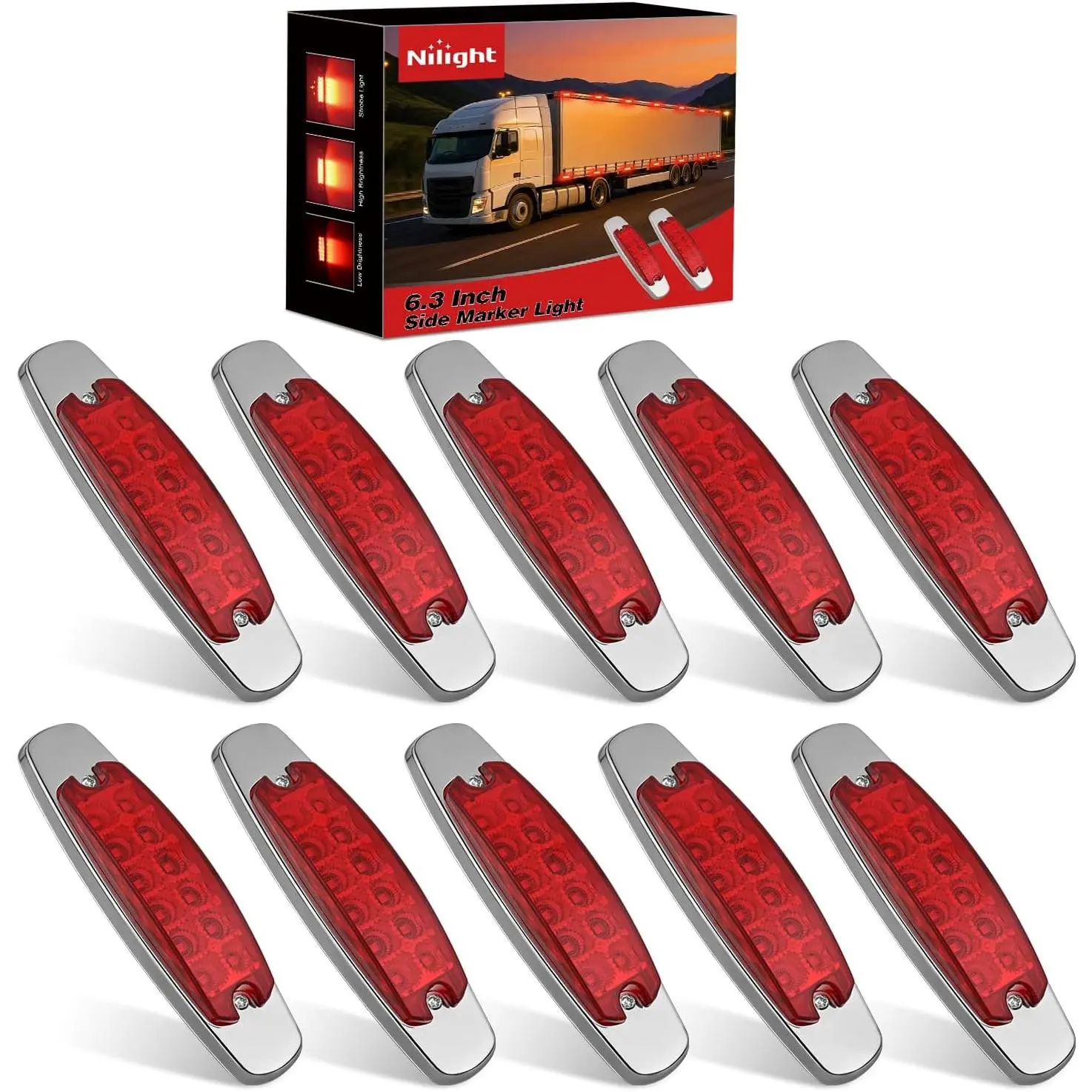 Nilight 10 Pack 6.3 Inch Rectangle Red Side Marker Lights 12 LED 3 Functions (High/Low/Strobe) IP67 Waterproof Stainless Steel Chrome Bezel 12V Surface Mount for Truck Trailer RV SUV Boat, 12V Operation, Light/Strobe