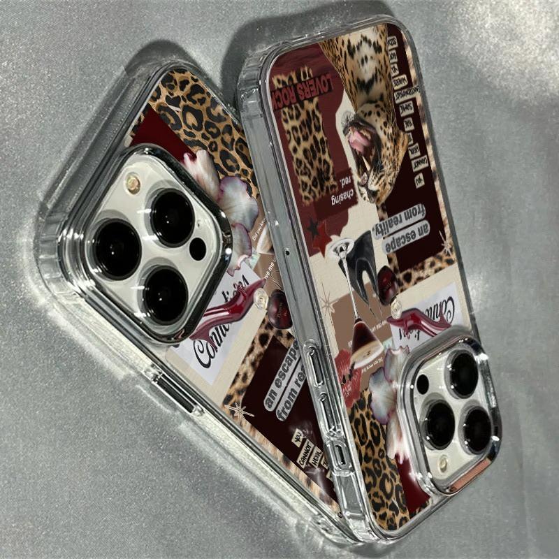 Phone Case for iPhone 17 Air Pro Max 16 15 14 13 12 Air Plus Pro Max Series Protective Cover，  Leopard Print Transparent Electroplated Lens Frame