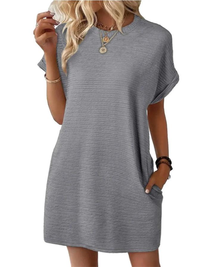2026 Summer New Loose Crew Neck Pocket Solid Color Short Sleeve Dress for Women Casual Daily Wear Mini Dress