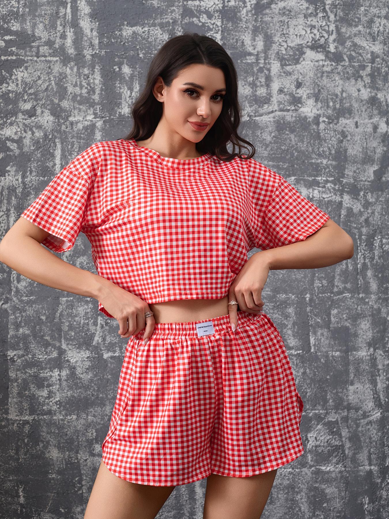 Women's All Over Print/Solid Color Crop Top & High Waist Shorts Loungewear Set, Casual Comfy Round Neck Short Sleeve Top & Shorts Striped Print Pajama Set, Ladies Sleepwear for Summer