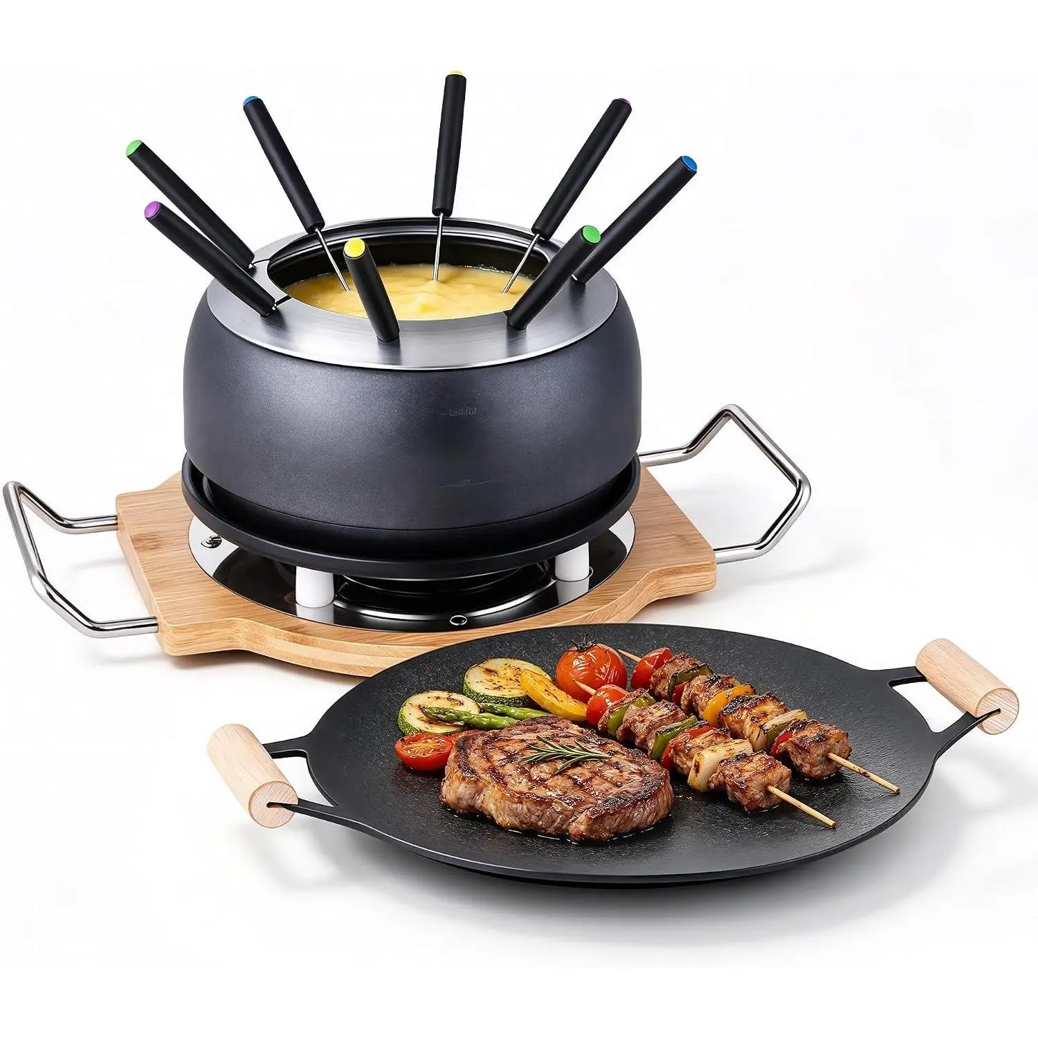 2-in-1 Electric Fondue Pot & Indoor Grill Set, 1200W Nonstick Griddle with Detachable Thermostat, 2.8L Nonstick Fondue Pot for Cheese Chocolate Broth, 8 Forks & Lid Included, for Family Party