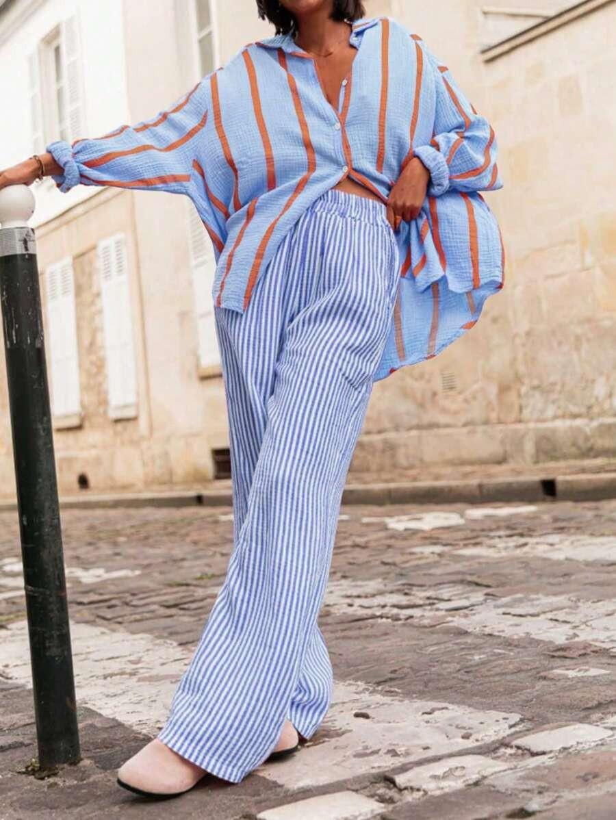 2026 European and American autumn and winter new long-sleeved button-up cardigan women's striped shirt women's vintage striped