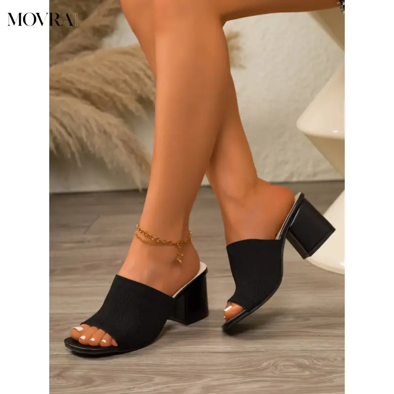 MOVRA1 Multicolor Knit Square Toe Thick Heel Sandals, Casual-On Shoes, Elastic Knit Upper, Open-Toe, Perfect Fashion, Open Toe Slides, Footwear Slide, Fashionable Slide Sandals