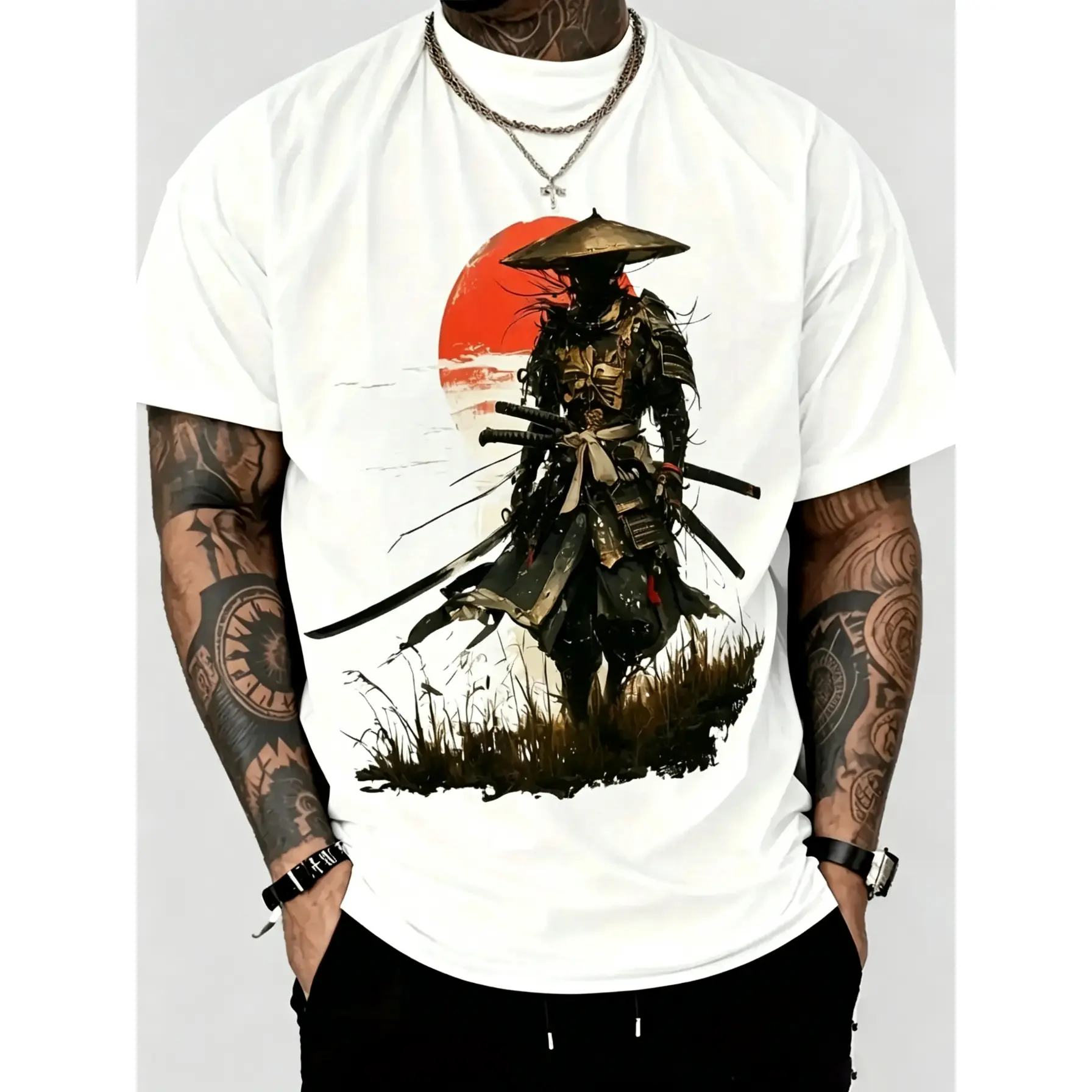Japanese Samurai Graphic T-Shirt for Big Men - White Cotton Tee with Black Samurai Design, Ideal Casual Wear for Summer, Perfect for Streetwear Style - Great Gift for Anime Fans and Fashion Enthusiasts