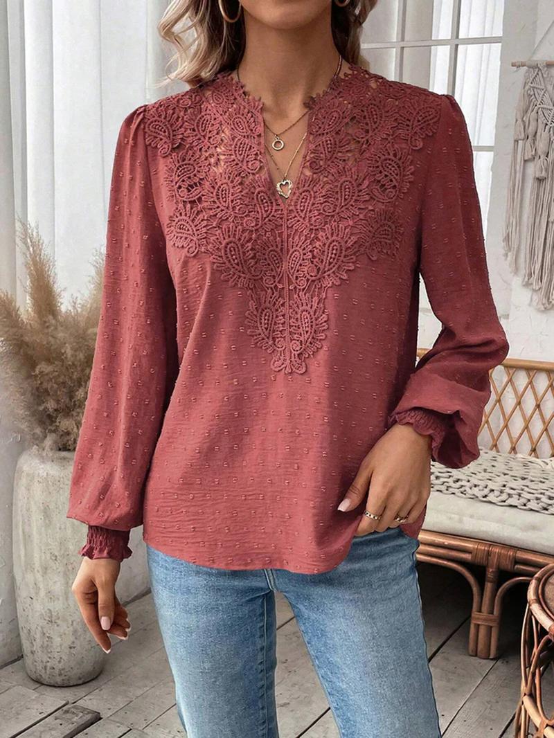 Women's Mixed Pattern Paisley Lace Swiss Dots Smocked Long Sleeve Blouse