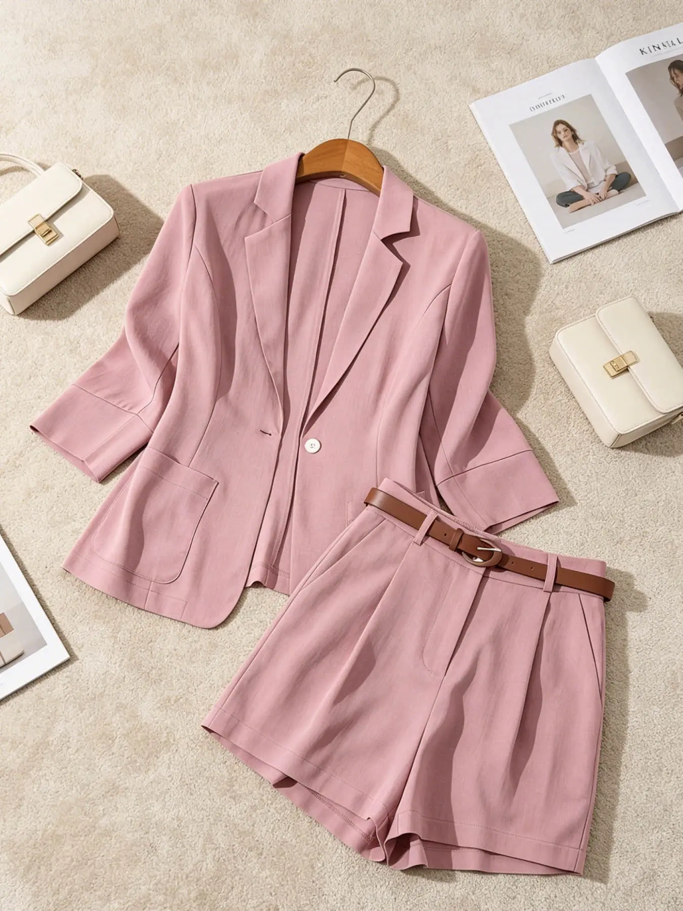 Two piece women's seven quarter sleeve commuting thin suit set, Summer Suits, Office Siren Outfits, Business work clothes, Fashion Business Outfits, one button down jacket+light mature slimming shorts, suitable for summer, business and social activities