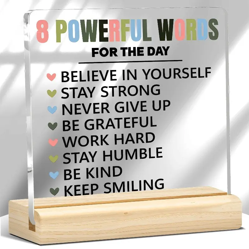 8 Powerful Words Positive Affirmation Acrylic Desk Sign Colorful Heart Motivational Quote Desktop Decoration Plaque Self Love Mental Health Office Home Shelf Decor Encouragement Gift