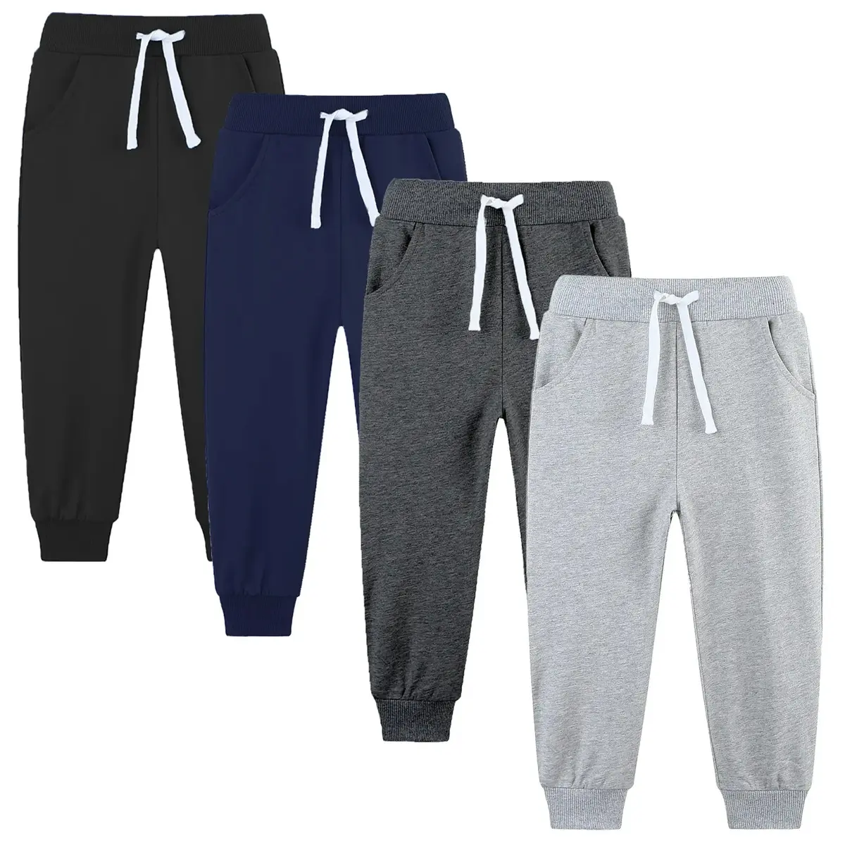 4 Pack Boys' Soft Cotton Jogger Sweatpants, Sport Casual Pants with an Adjustable Waist and Side Pockets, Sizes 2-14Y