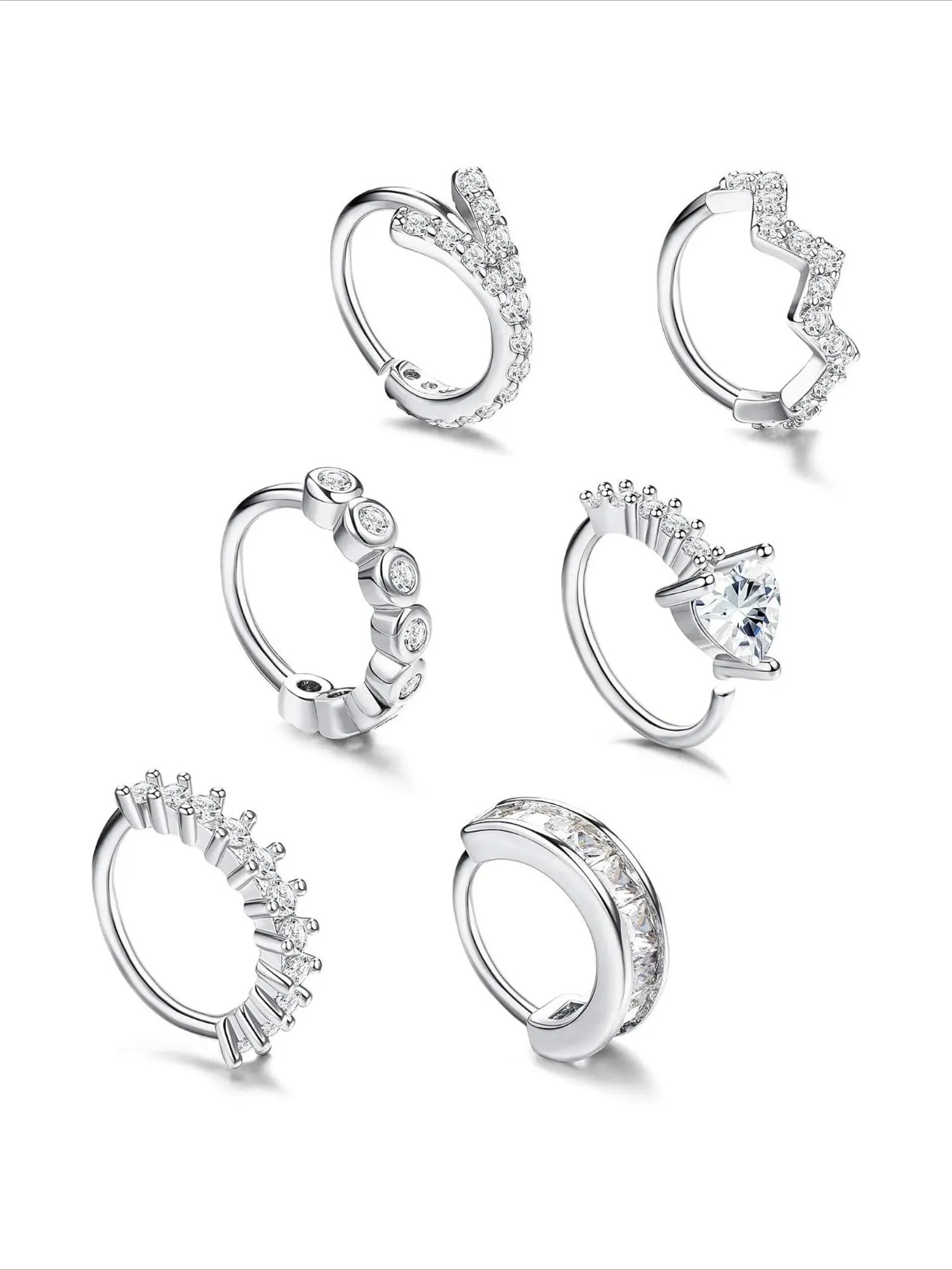 6 Pcs Matte Silvery Sparkly CZ Lockable Click Hoop Piercing Set Undulating Heart Septum Helix Tragus Copper Piercings for Unisex Stack Styling Dazzling Gloss Multi-layer Ear Visual Effect Fine Detailed Designs Nice Surprise Gifts Casual Street Ear Jewelry