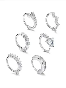 6 Pcs Matte Silvery Sparkly CZ Lockable Click Hoop Piercing Set Undulating Heart Septum Helix Tragus Copper Piercings for Unisex Stack Styling Dazzling Gloss Multi-layer Ear Visual Effect Fine Detailed Designs Nice Surprise Gifts Casual Street Ear Jewelry