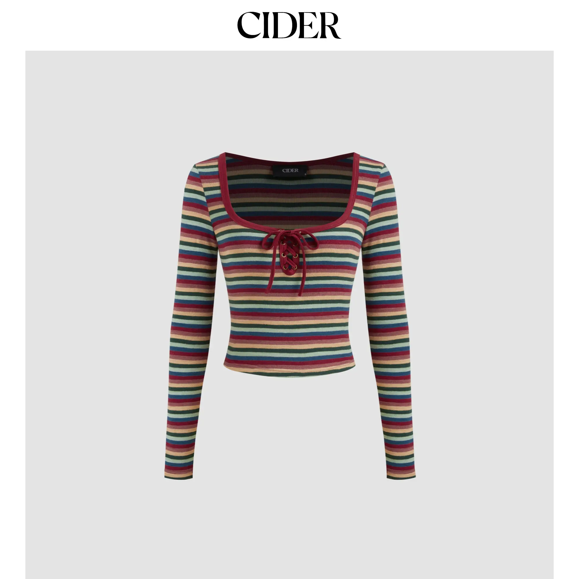 Cider [size 2-26] Cotton-blend Square Neck Striped Lace Up Knotted Long Sleeve Tee SummerWins SummerFinds
