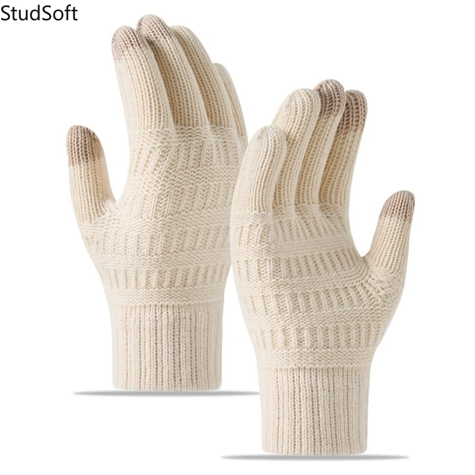 1Pair Winter Knit Gloves Warm Touchscreen Mittens for Women Men Beige Ribbed Cuff Striped Jacquard Thermal Hand Warmer Casual Outdoor Driving Skiing