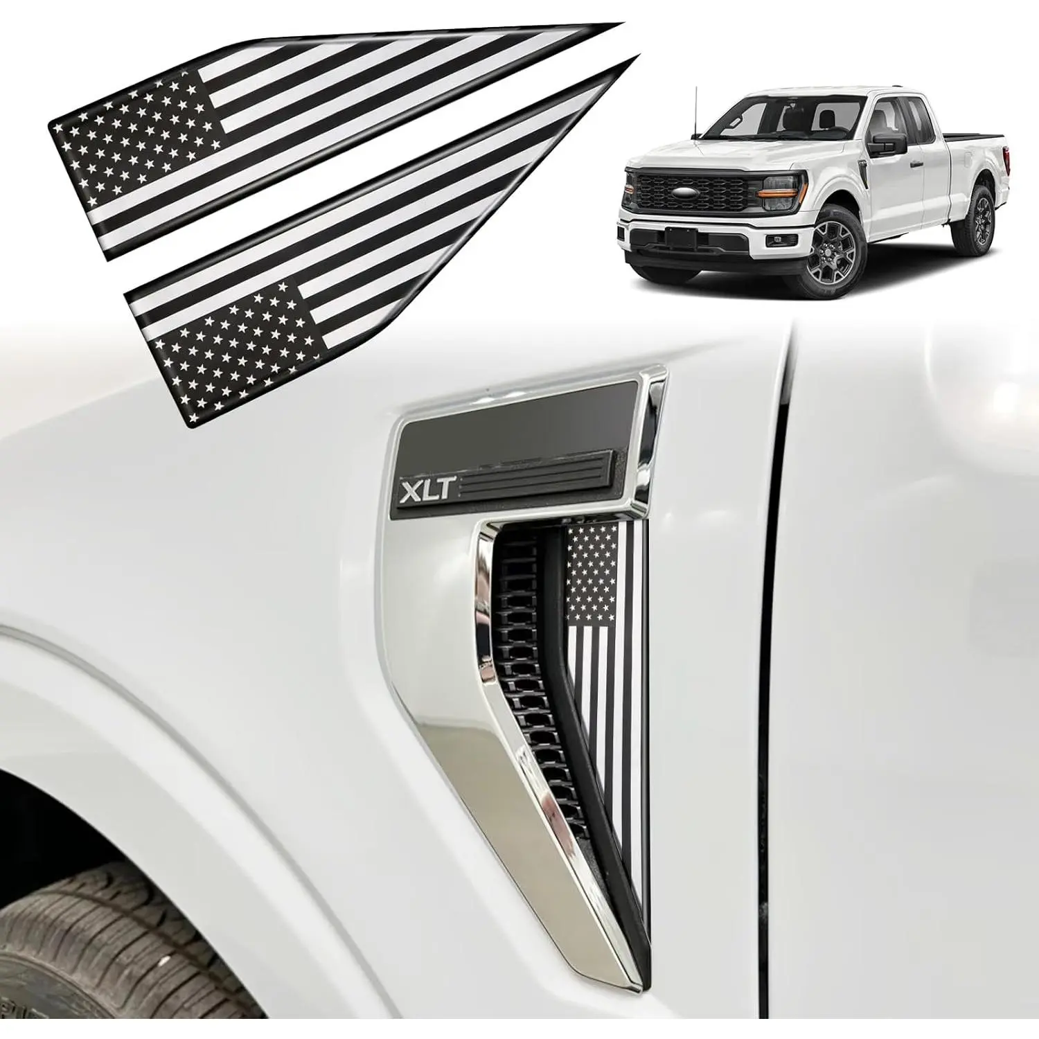 1 Pair American Flag Decal for 2021-2025 2026 Ford F150 Accessories, Custom Car Emblem for Ford F150 Emblem Exterior Patch Decor Personalize Truck's Style (Not for Raptor), Black & White