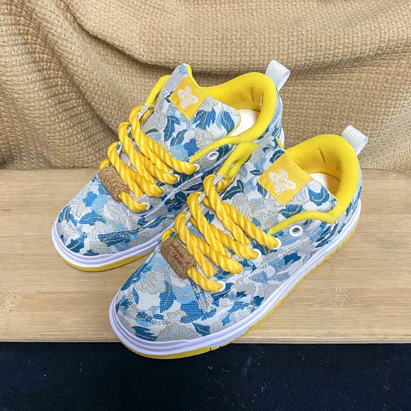 Blue Floral Jacquard Skate Sneakers Chunky Yellow Thick Rope Laces Yellow Lining Platform Canvas Shoes Unisex Streetwear
