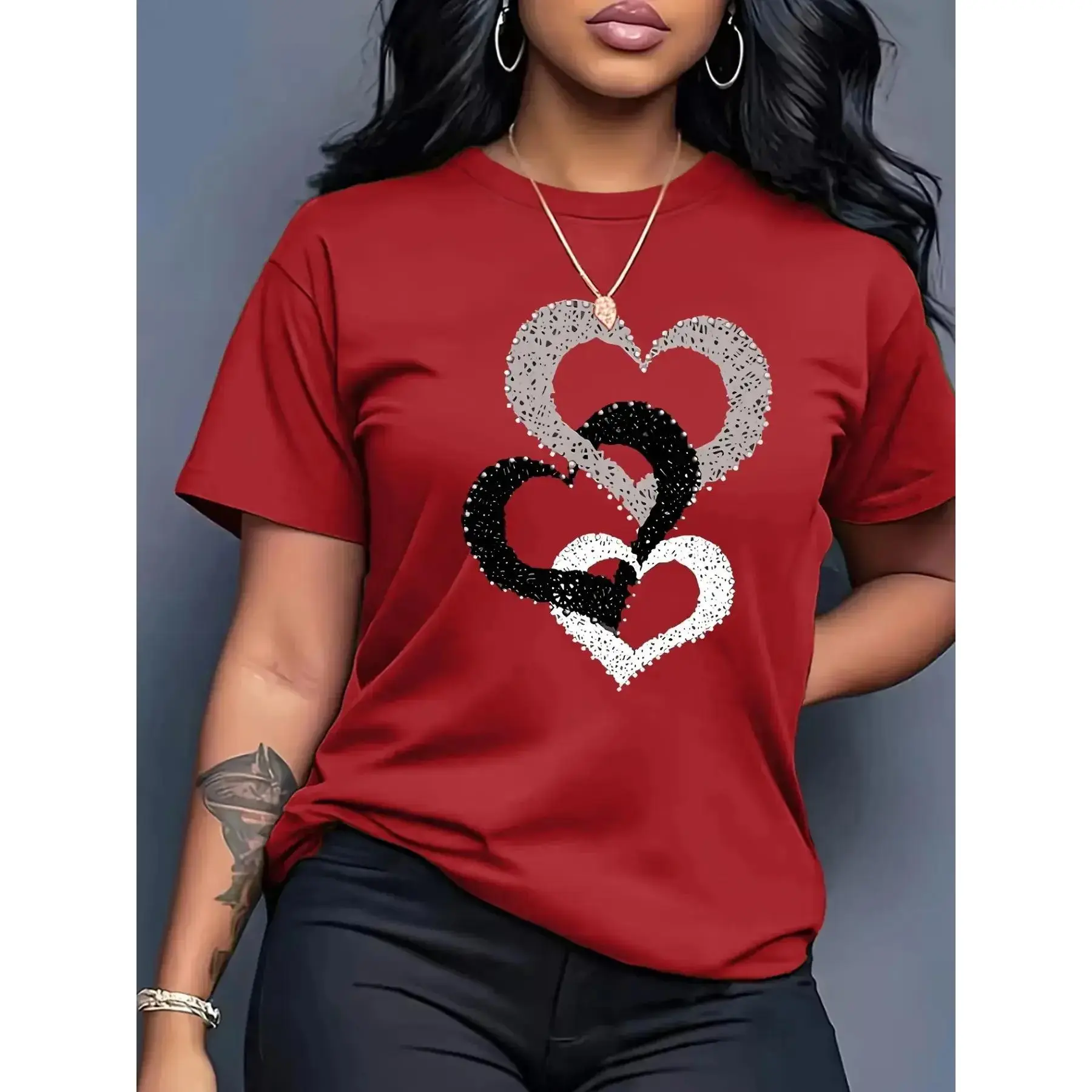 Women's Summer Casual Print Heart Pattern Round Neck Short Sleeve Top, Lady's Fashionable Sporty Style Womenswear Tee for All Seasons, Shortsleeve, Comfortable, Cotton Fabric