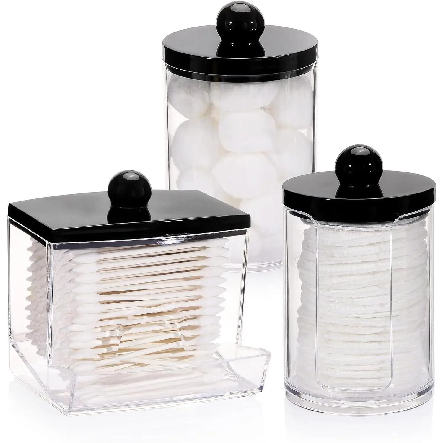 3-Piece Apothecary Jars Organizing Set - Plastic Qtips Holder Dispenser with Black Lids, Bathroom Organizers for Cotton Swabs, Cotton Round Pads, Floss