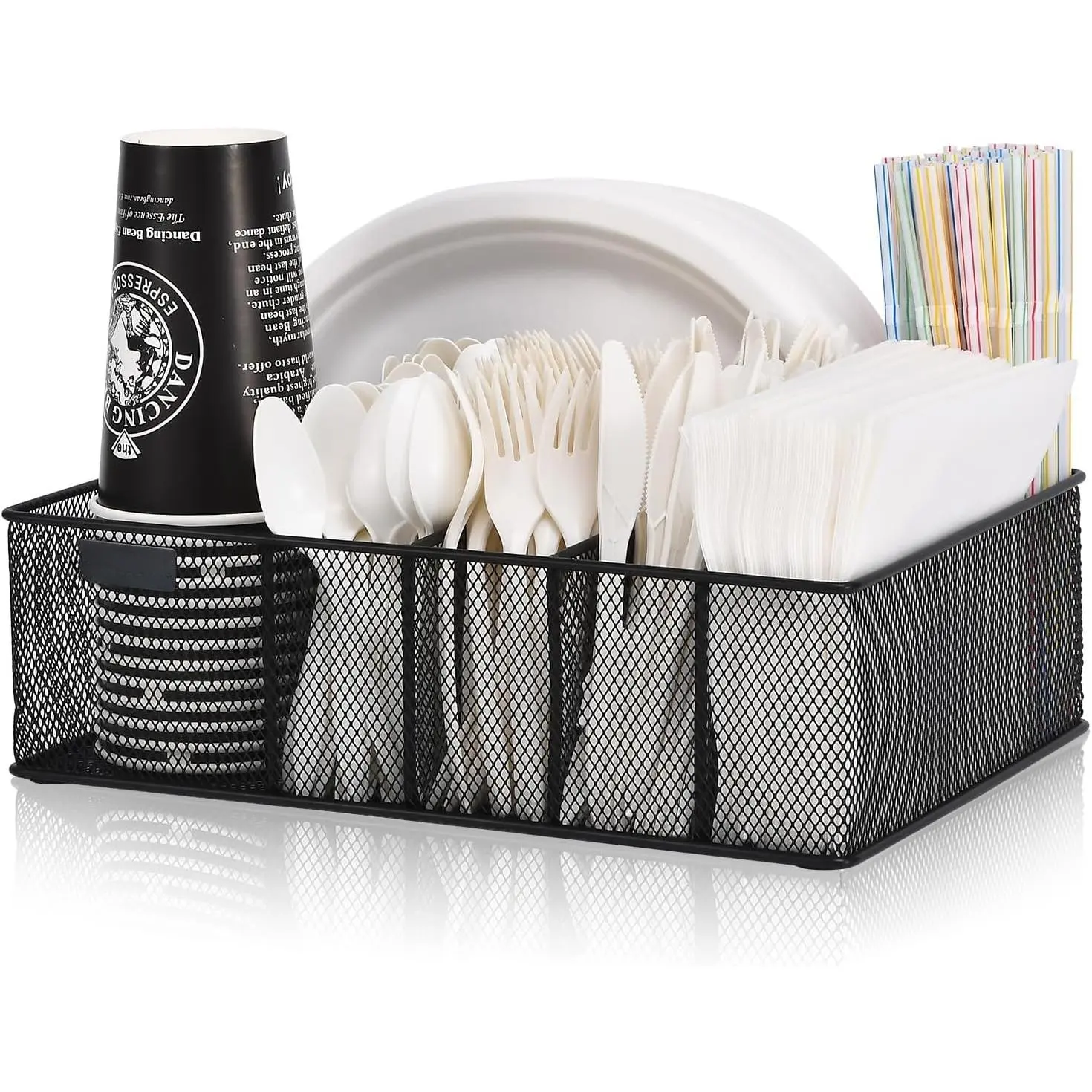 Paper Plate Organizer for Countertop, Metal Silverware Caddy with 6 Compartments for Cup, Napkin, Utensil Holder Caddy for Party, Camping, Picnic for hat organizer, shoe rack organ