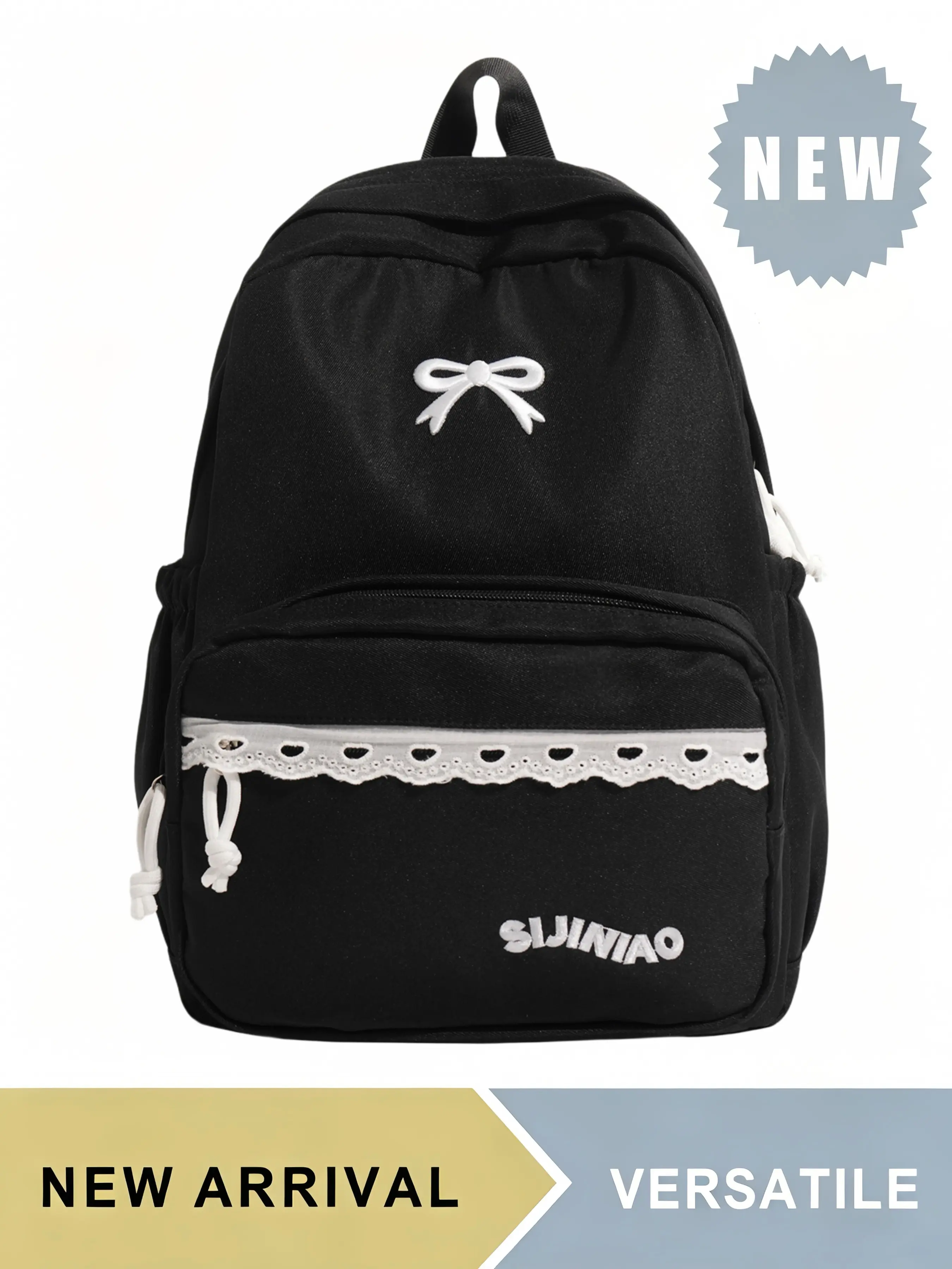 Cute Bow Embroidered Lace Trim Backpack for Teen Girls, Large Capacity Casual School Bookbag with Padded Straps & Side Water Bottle Pocket, Sweet Kawaii Daypack, Multiple Colors Available, Ideal for Daily School Travel Hiking Picnic Outdoor Activities