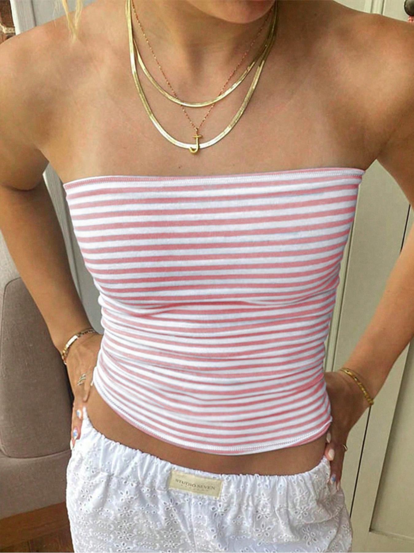 Women's Striped Print Ruched Fitted Crop Knit Tube Top, Casual Strapless Cropped Top for Summer, Ladies Clothes for Daily Wear