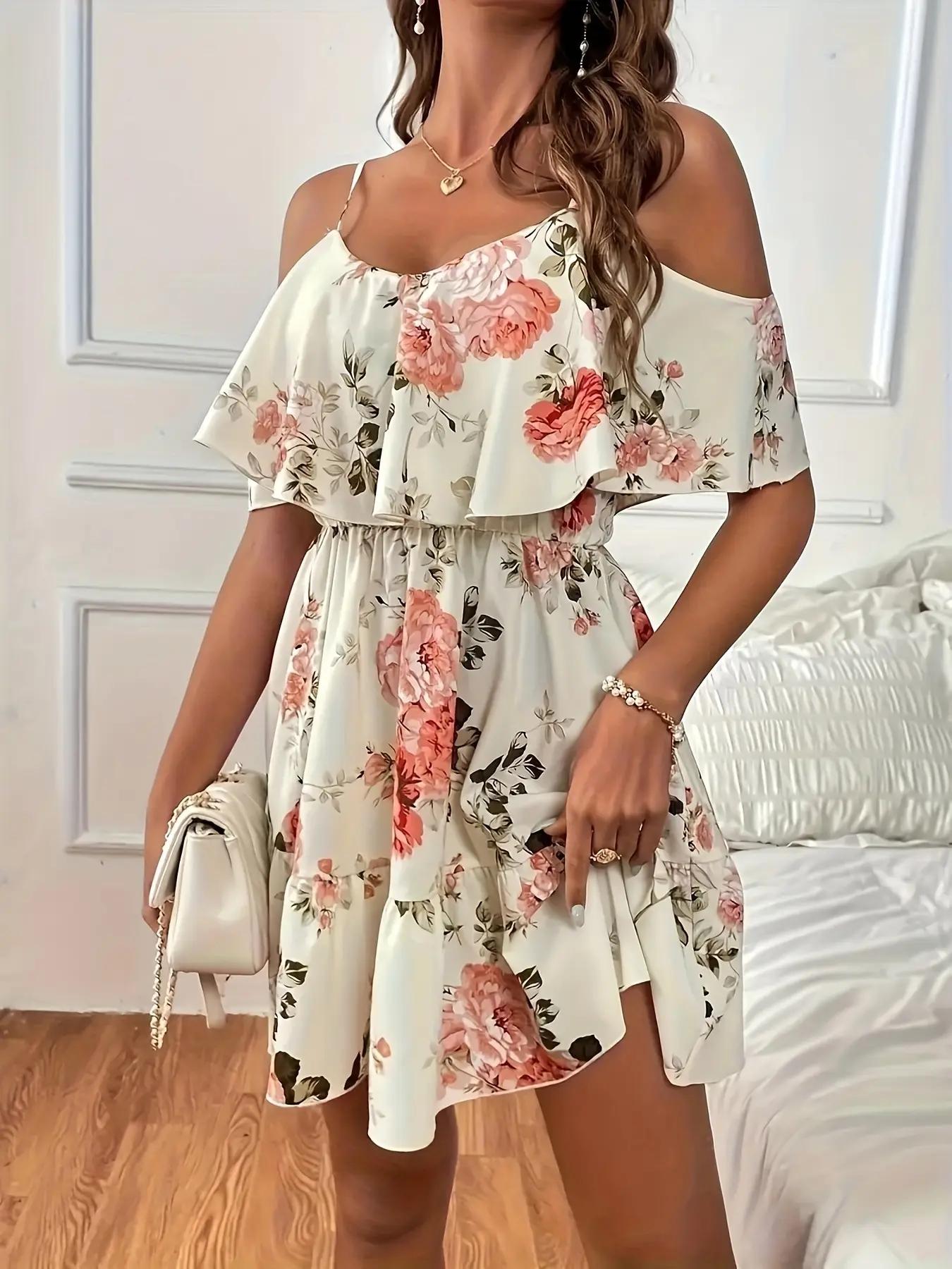 Women's Summer Casual Fashion Backless Strapless Ditsy Floral Dress, Boho Vacation Style Slimming Fit, Short Sleeve Fitted Dress