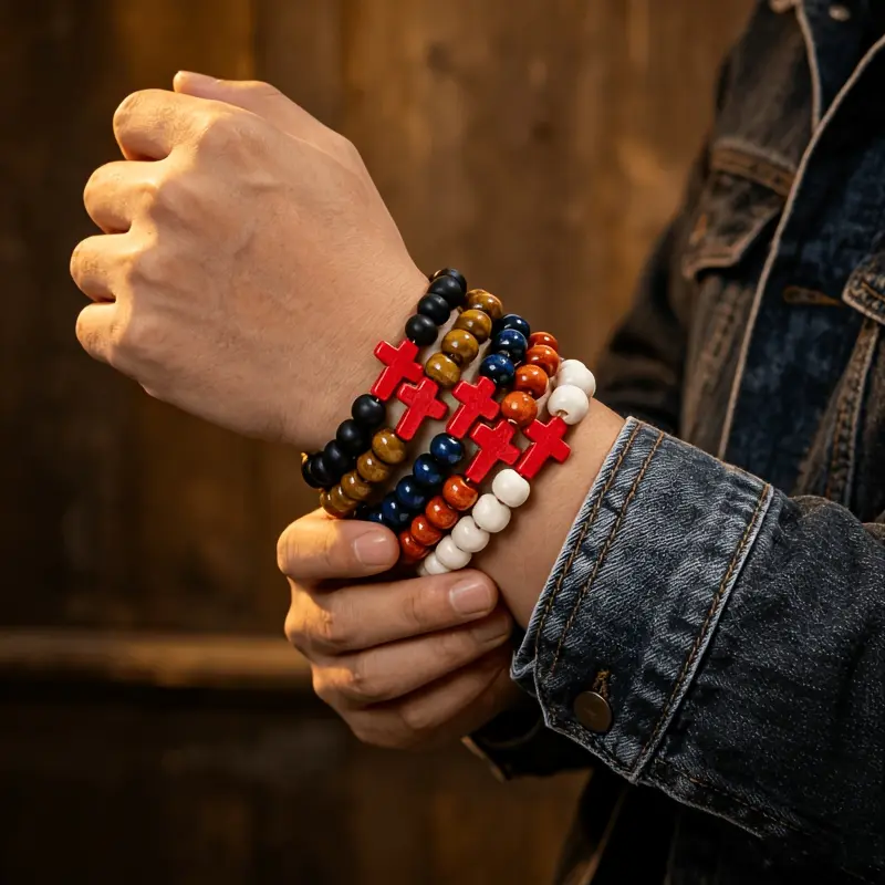 5pcs Retro Ethnic Style Multicolor Wood Bead Cross Elastic Thread Multi-Layer Men'S Beaded Bracelet Daily All-Match