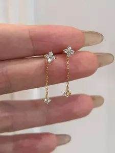 Women's Clover Earrings, Long Dangle Ear Cuffs, Artificial Zircon Embedded Copper Jewelry, Lucky Four-Leaf Design, Gift Idea