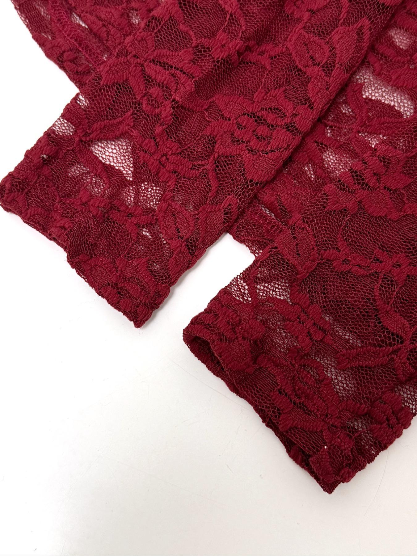 Elegant Women's V-Neck Fan Collar Plain Long Sleeve Slim Fit Lace Blouse, Sexy Style, Perfect for Casual Wear