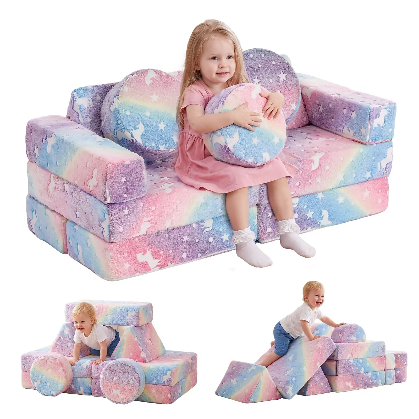 Kids Modular Play Couch with Glow-in-the-Dark – Toddler Fort Building Sofa with Removable Washable Covers