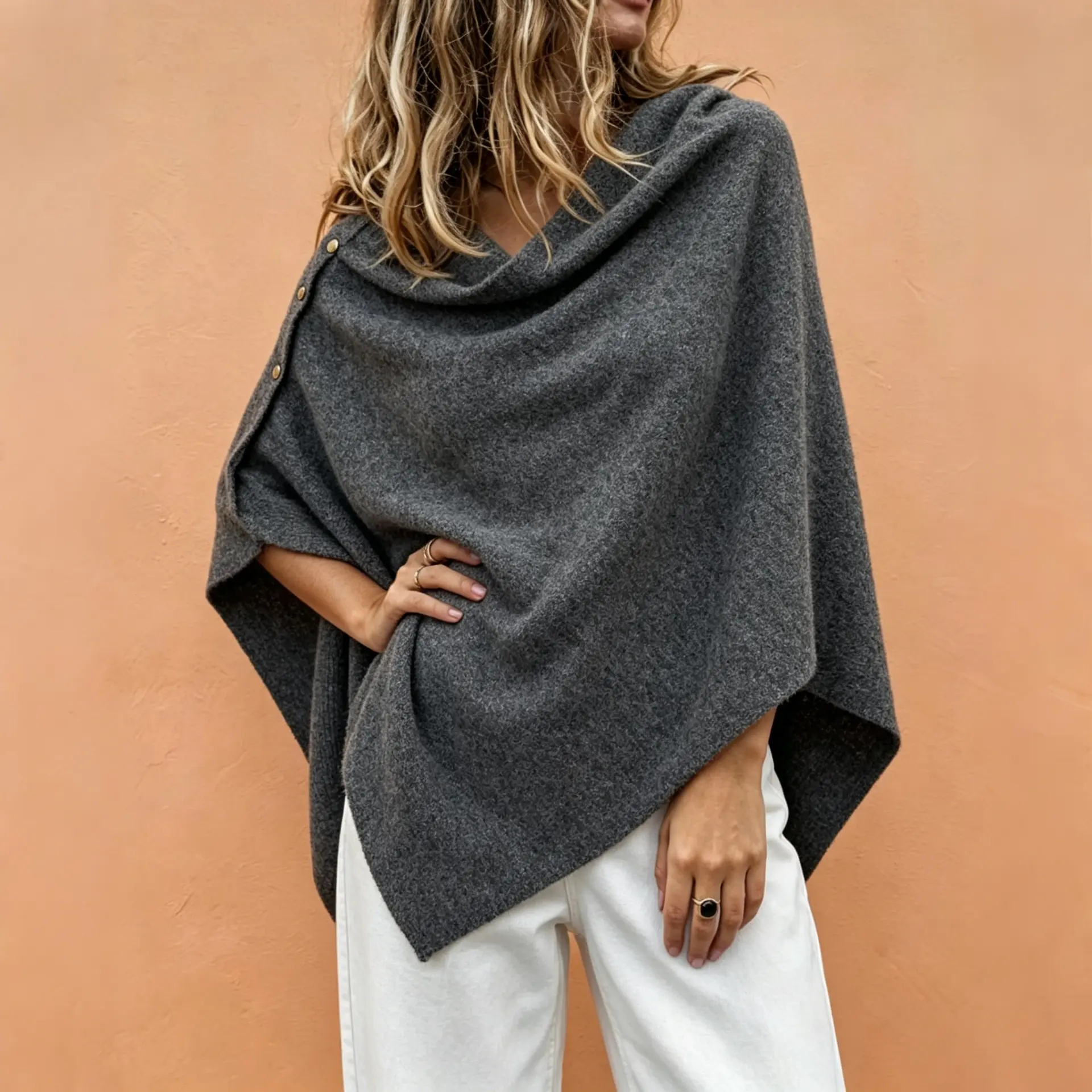 2026 New Autumn Buttoned Knit Cape - Knitted Fabric Layering Piece, Multiple Solid Colors (Fashion Scarf & Shawl Accessory)